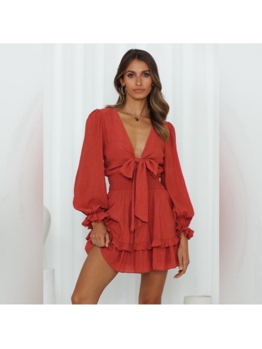 Hello Molly  Lost Somebody Gauze Long Sleeve Mini Dress Sz S/4 Front Tie Ruffles - Picture 2 of 16